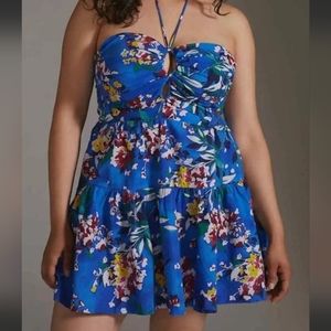 Anthropologie Royal Blue Floral Emily Halter Smocked Mini Dress 2XL